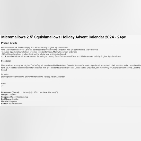 Micromallows 2.5'' Squishmallows Holiday Advent Calendar 2024 - 24pc - Picture 3 of 3